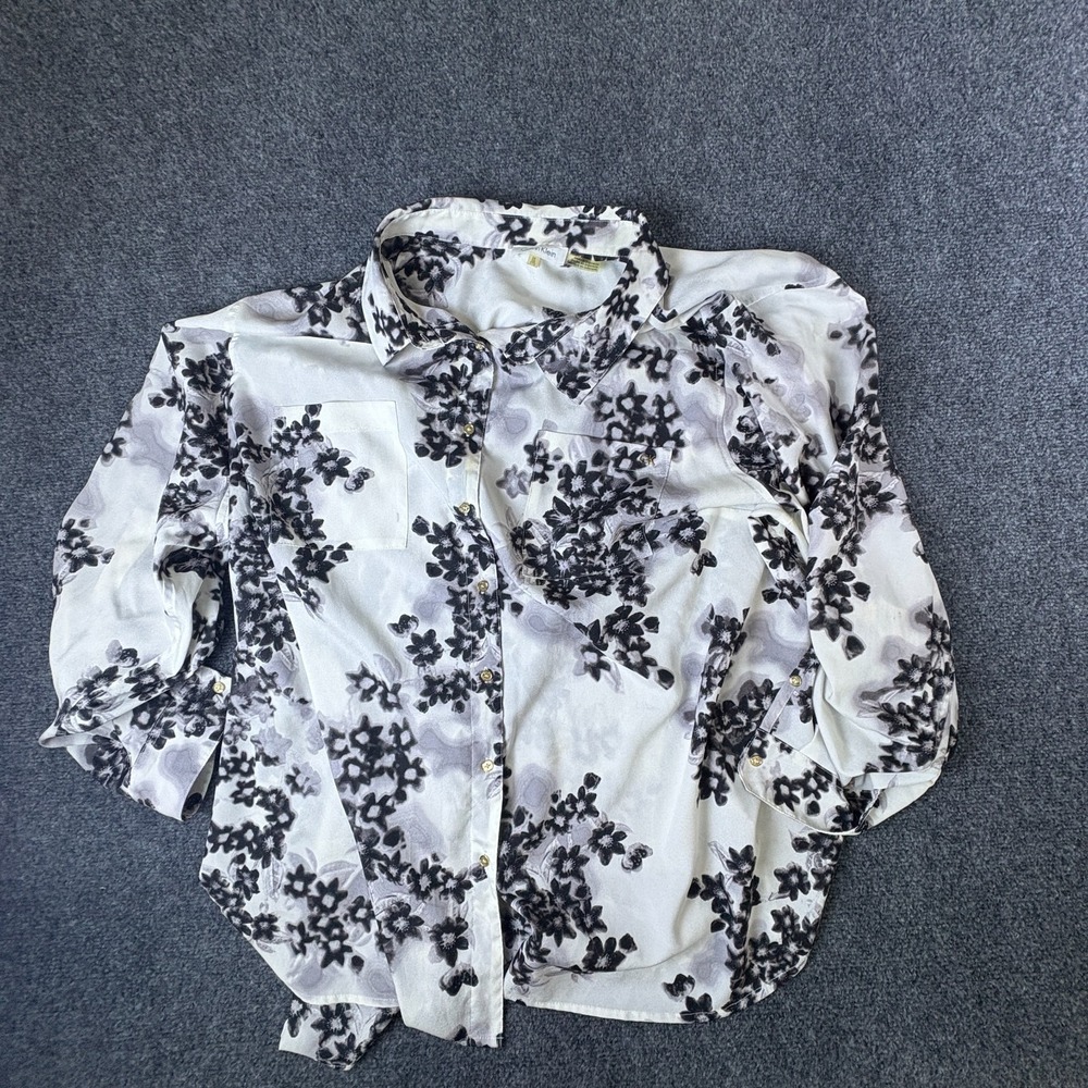 Calvin Klein Blouse Top Womens 3X White Black Floral Logo‎ Pockets Button Front